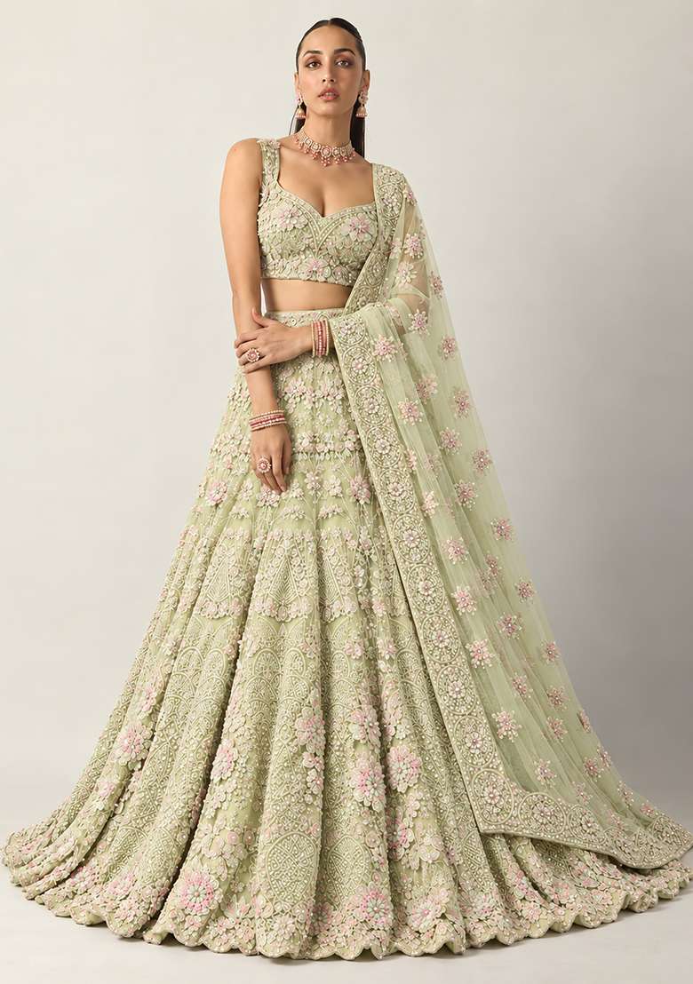 Light Lime Sequin and Bead Embellished Net Lehenga Set with Matching Dupatta - Indya