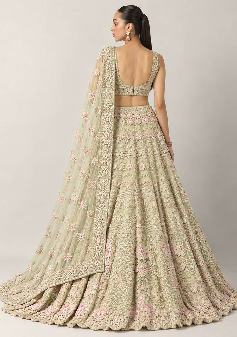 Light Lime Sequin and Bead Embellished Net Lehenga Set with Matching Dupatta - Indya