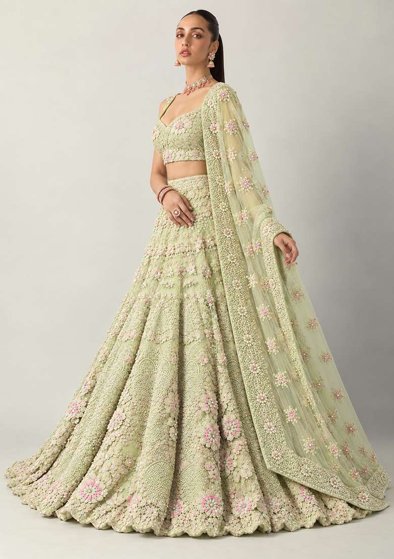Light Lime Sequin and Bead Embellished Net Lehenga Set with Matching Dupatta - Indya