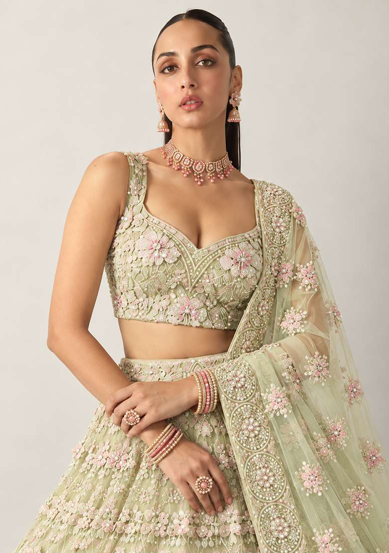 Light Lime Sequin and Bead Embellished Net Lehenga Set with Matching Dupatta - Indya