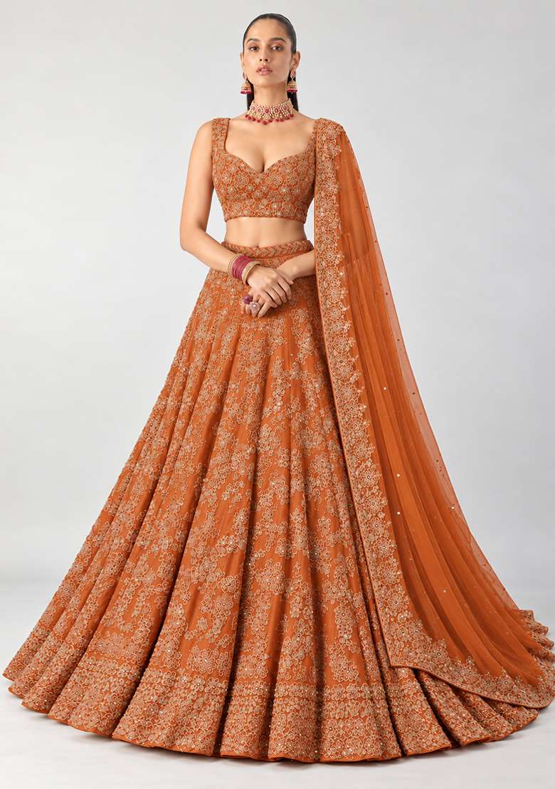 Burnt Orange Mirror Work Georgette Lehenga Set with Matching Dupatta - Indya