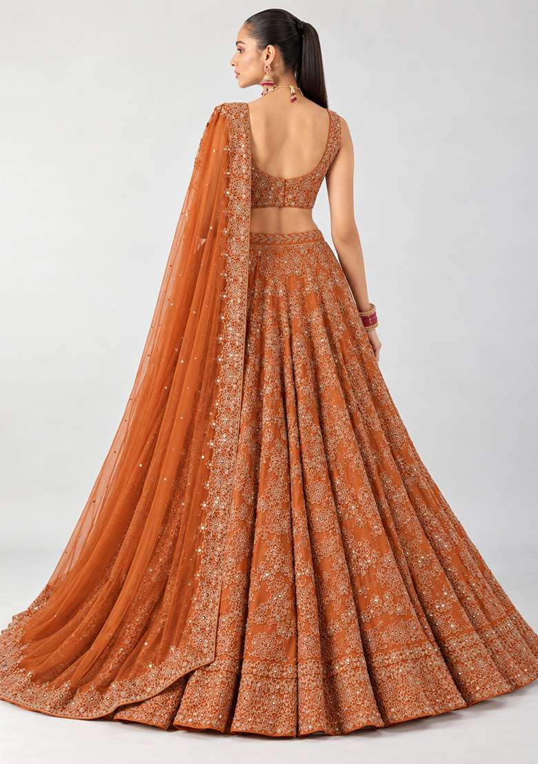 Burnt Orange Mirror Work Georgette Lehenga Set with Matching Dupatta - Indya