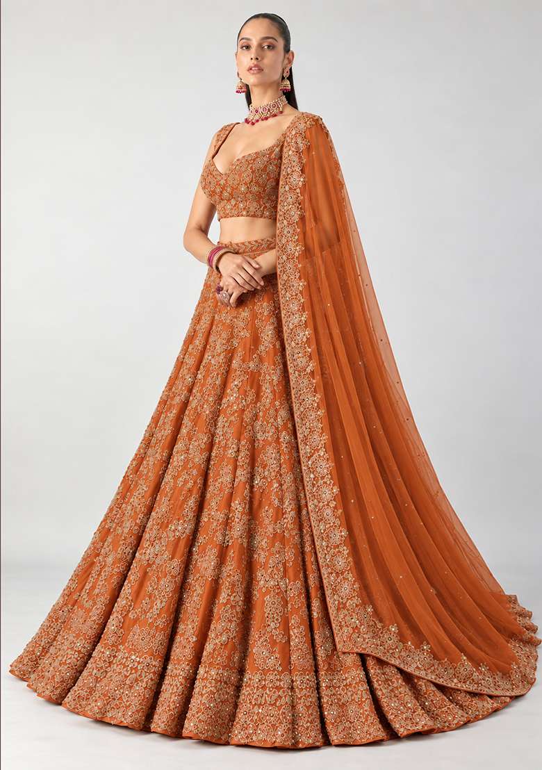 Burnt Orange Mirror Work Georgette Lehenga Set with Matching Dupatta - Indya