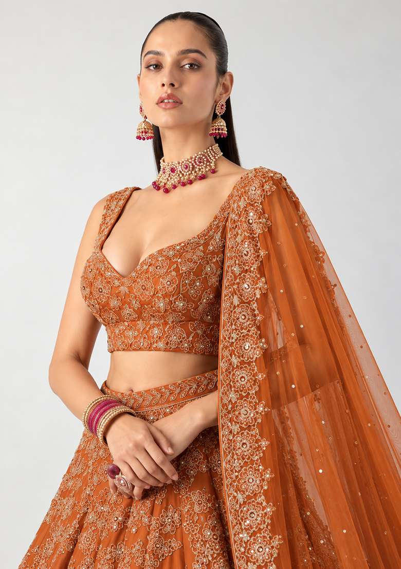 Burnt Orange Mirror Work Georgette Lehenga Set with Matching Dupatta - Indya