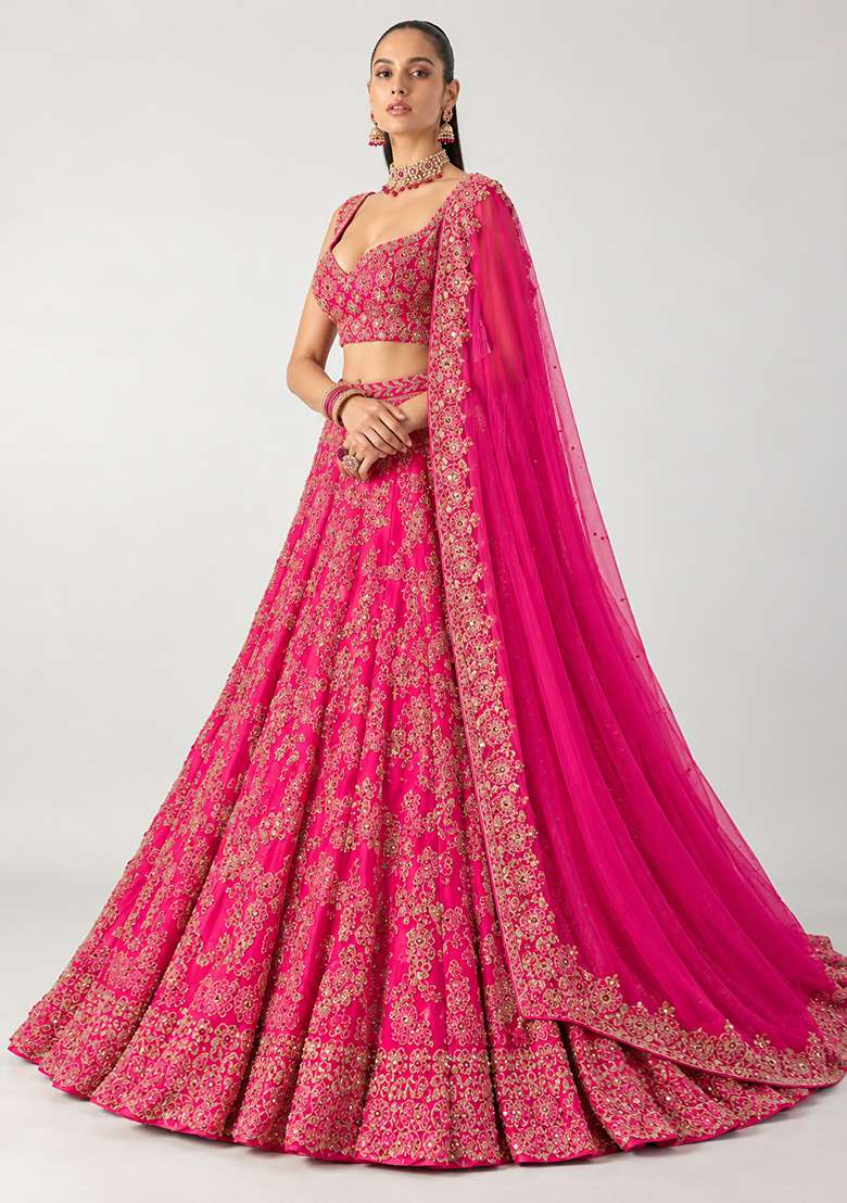 Red Mirror Work Georgette Lehenga Set with Matching Dupatta - Indya