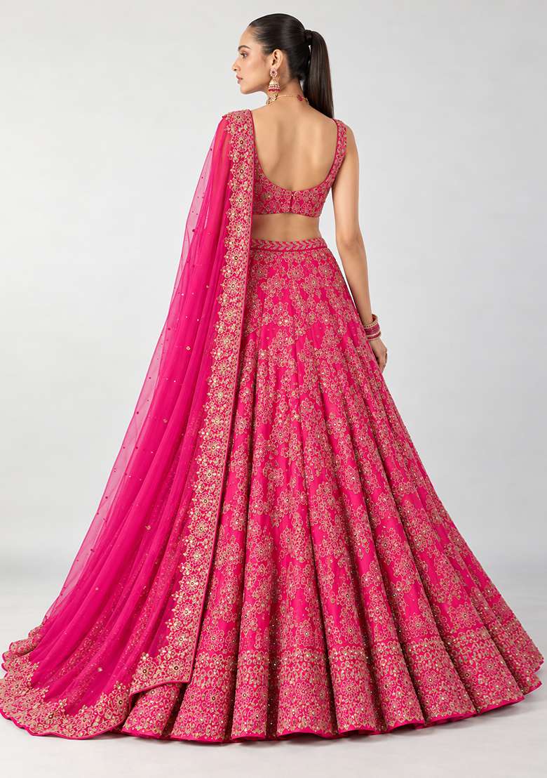Red Mirror Work Georgette Lehenga Set with Matching Dupatta - Indya