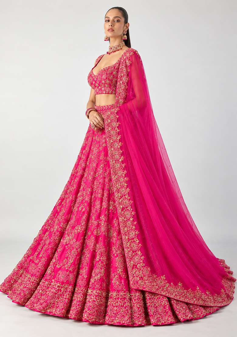 Red Mirror Work Georgette Lehenga Set with Matching Dupatta - Indya