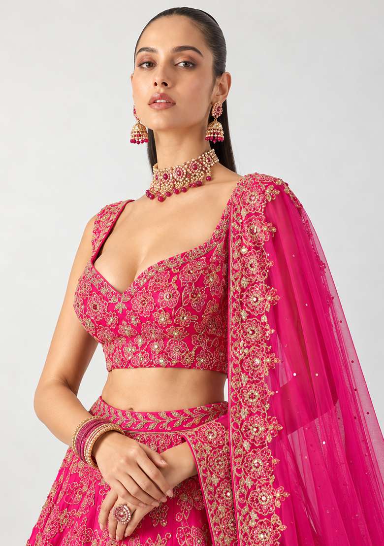 Red Mirror Work Georgette Lehenga Set with Matching Dupatta - Indya