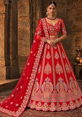 Red Embroidered Raw Silk Lehenga Set with Organza Dupatta