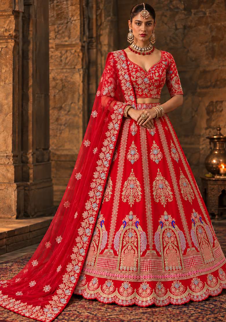 Red Embroidered Raw Silk Lehenga Set with Organza Dupatta - Indya