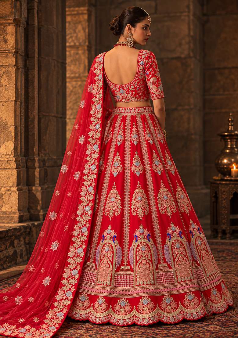 Red Embroidered Raw Silk Lehenga Set with Organza Dupatta - Indya