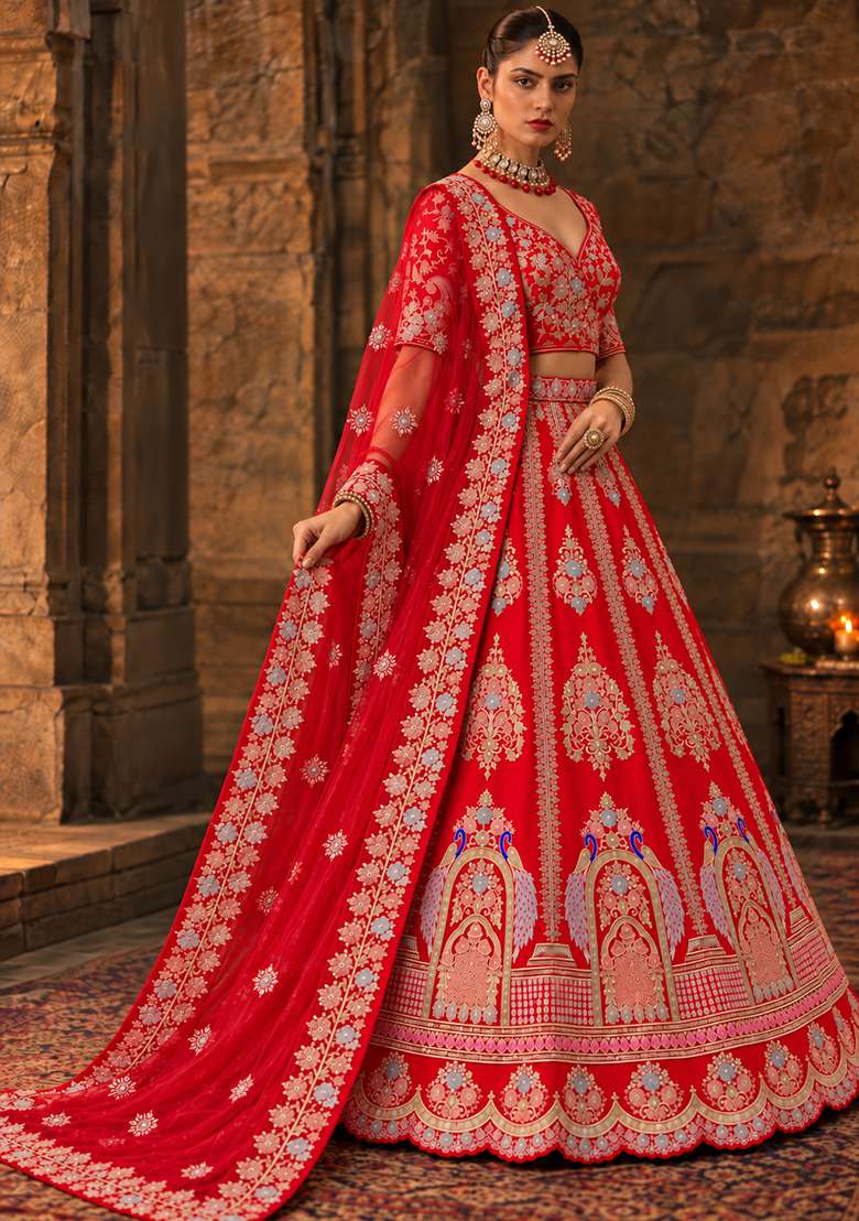Red Embroidered Raw Silk Lehenga Set with Organza Dupatta - Indya