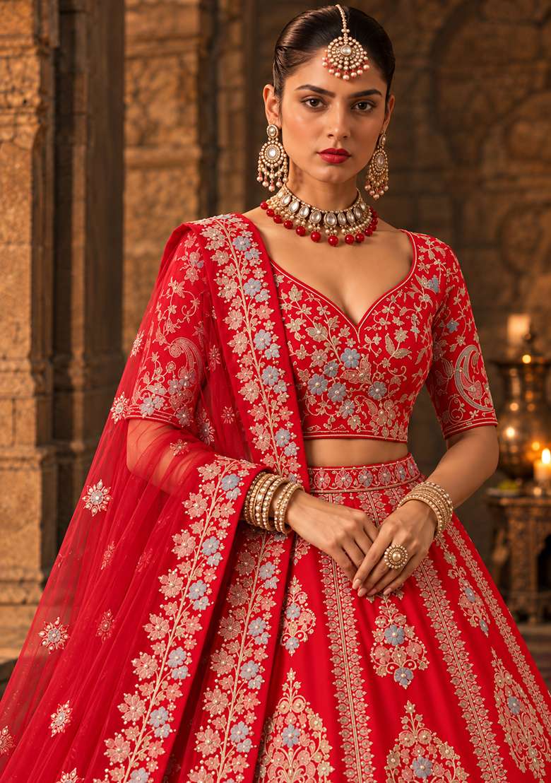Red Embroidered Raw Silk Lehenga Set with Organza Dupatta - Indya