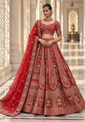 Red Embroidered Raw Silk Lehenga Set with Net Dupatta