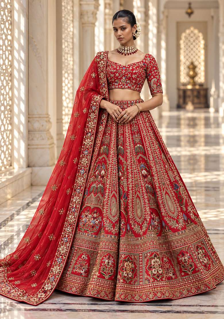Red Embroidered Raw Silk Lehenga Set with Net Dupatta - Indya