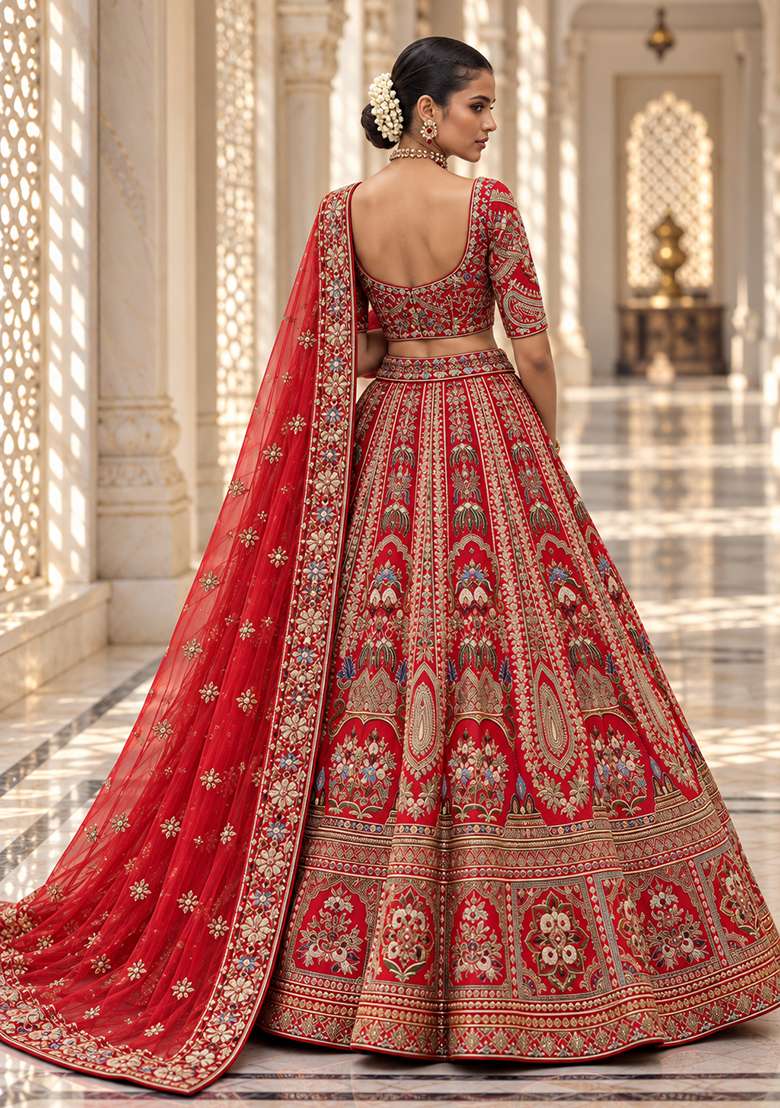 Red Embroidered Raw Silk Lehenga Set with Net Dupatta - Indya