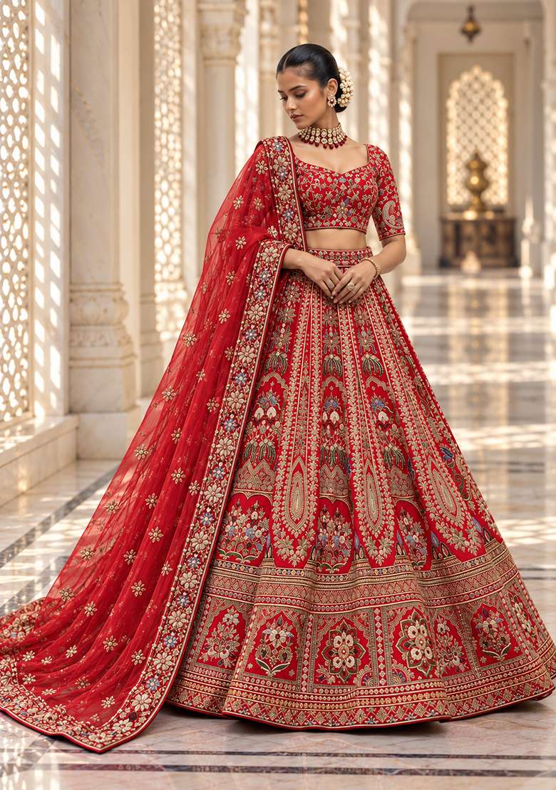 Red Embroidered Raw Silk Lehenga Set with Net Dupatta - Indya