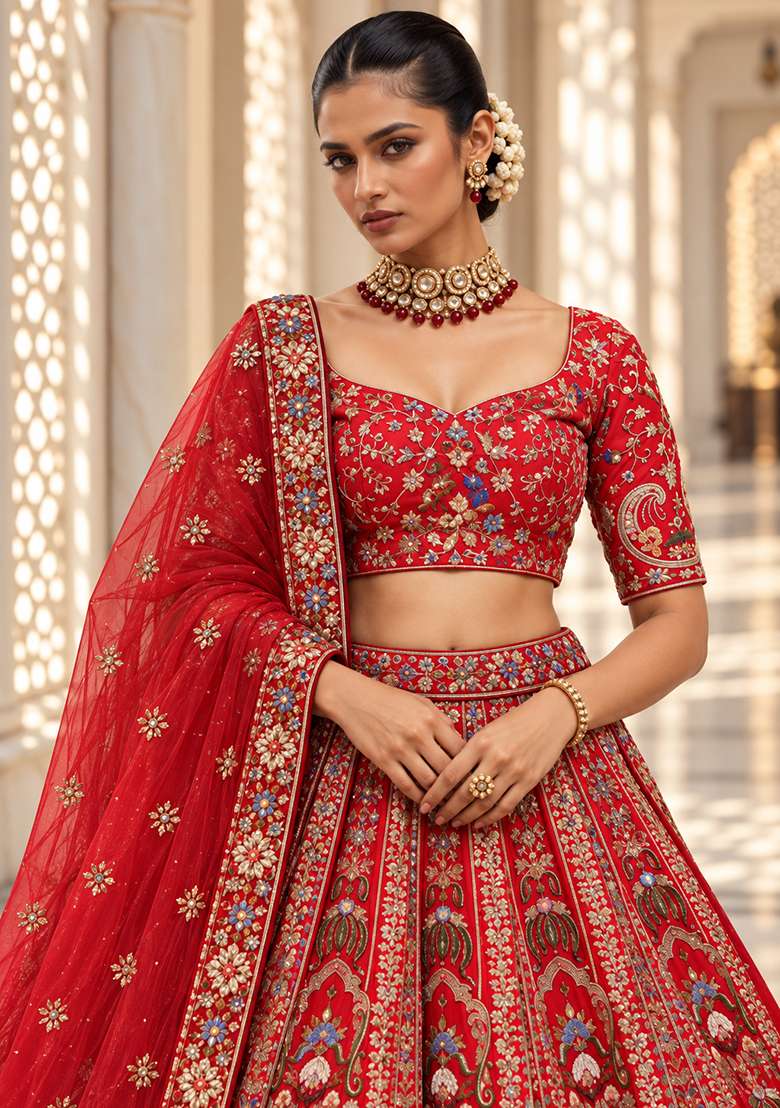Red Embroidered Raw Silk Lehenga Set with Net Dupatta - Indya