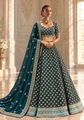 Teal Blue Embellished Raw Silk Lehenga Set with Satin Dupatta