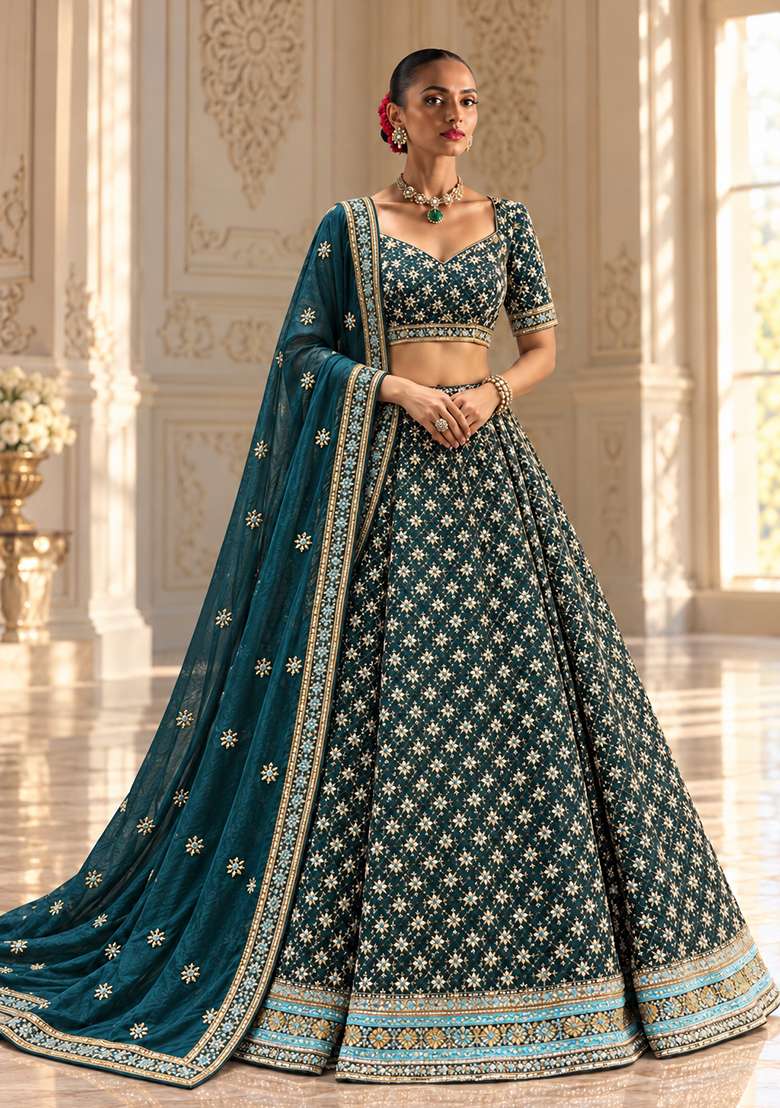 Teal Blue Embellished Raw Silk Lehenga Set with Satin Dupatta - Indya