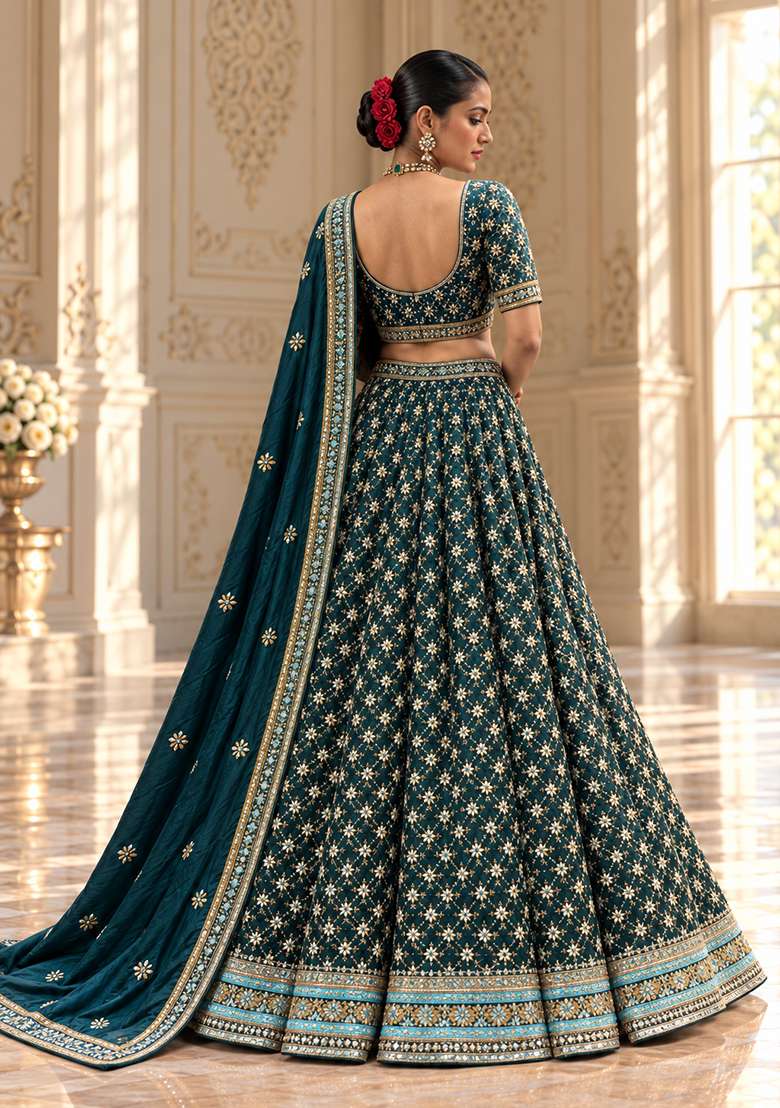 Teal Blue Embellished Raw Silk Lehenga Set with Satin Dupatta - Indya