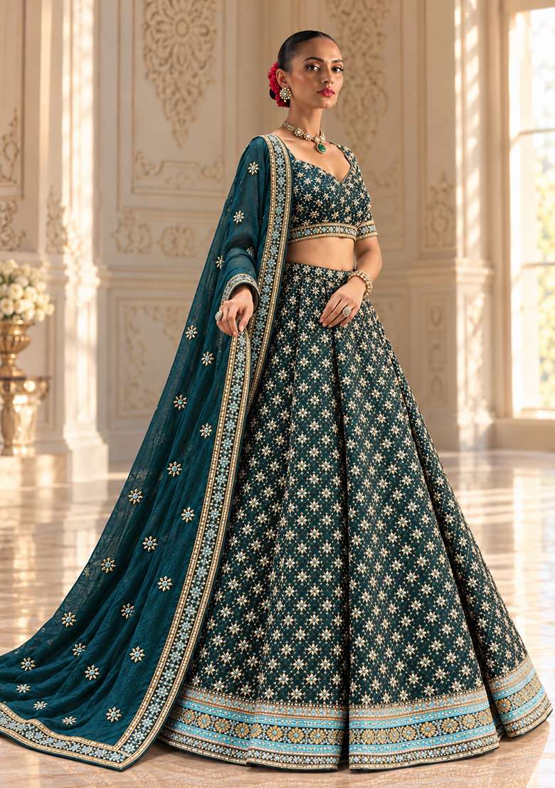 Teal Blue Embellished Raw Silk Lehenga Set with Satin Dupatta - Indya
