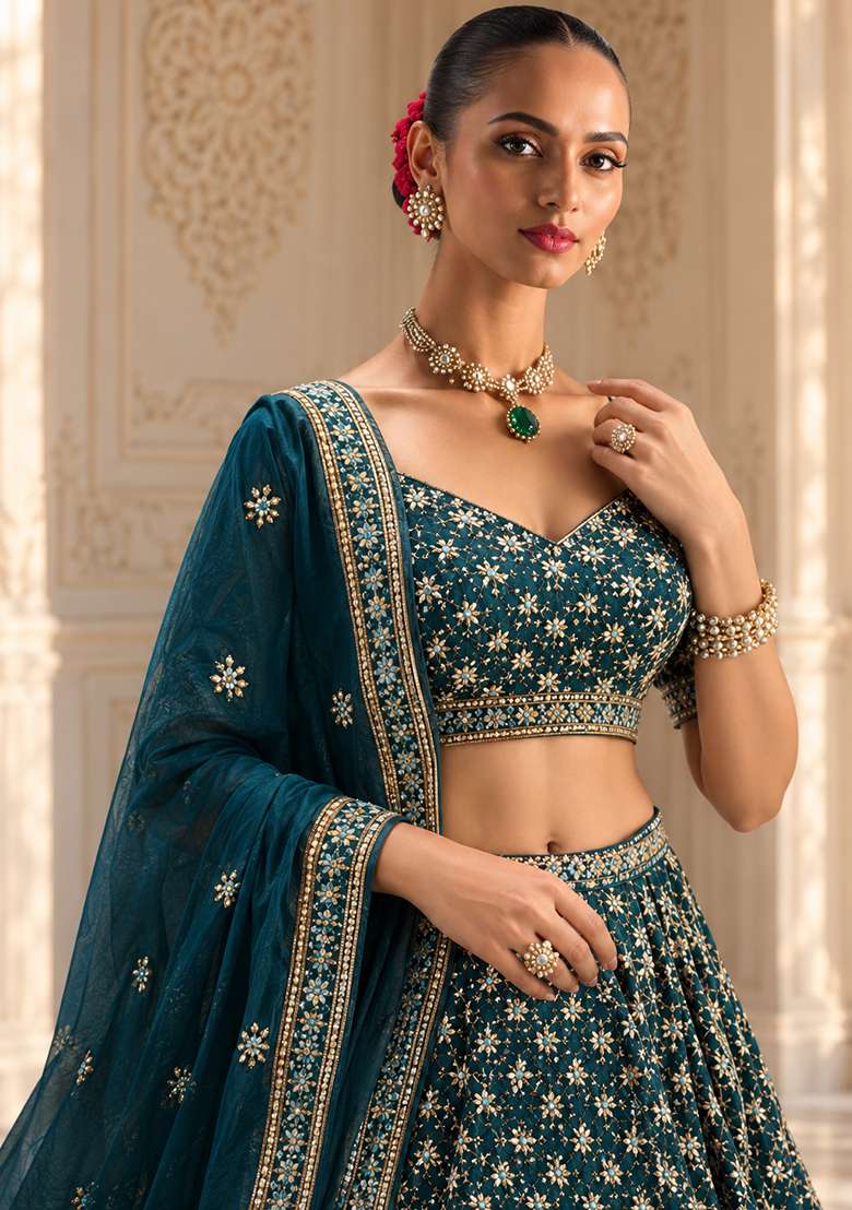 Teal Blue Embellished Raw Silk Lehenga Set with Satin Dupatta - Indya