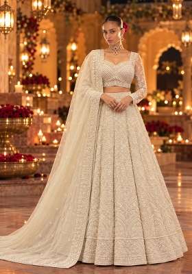 Off White Bead and Cutdana Embellished Georgette Lehenga Set with Organza Dupatta