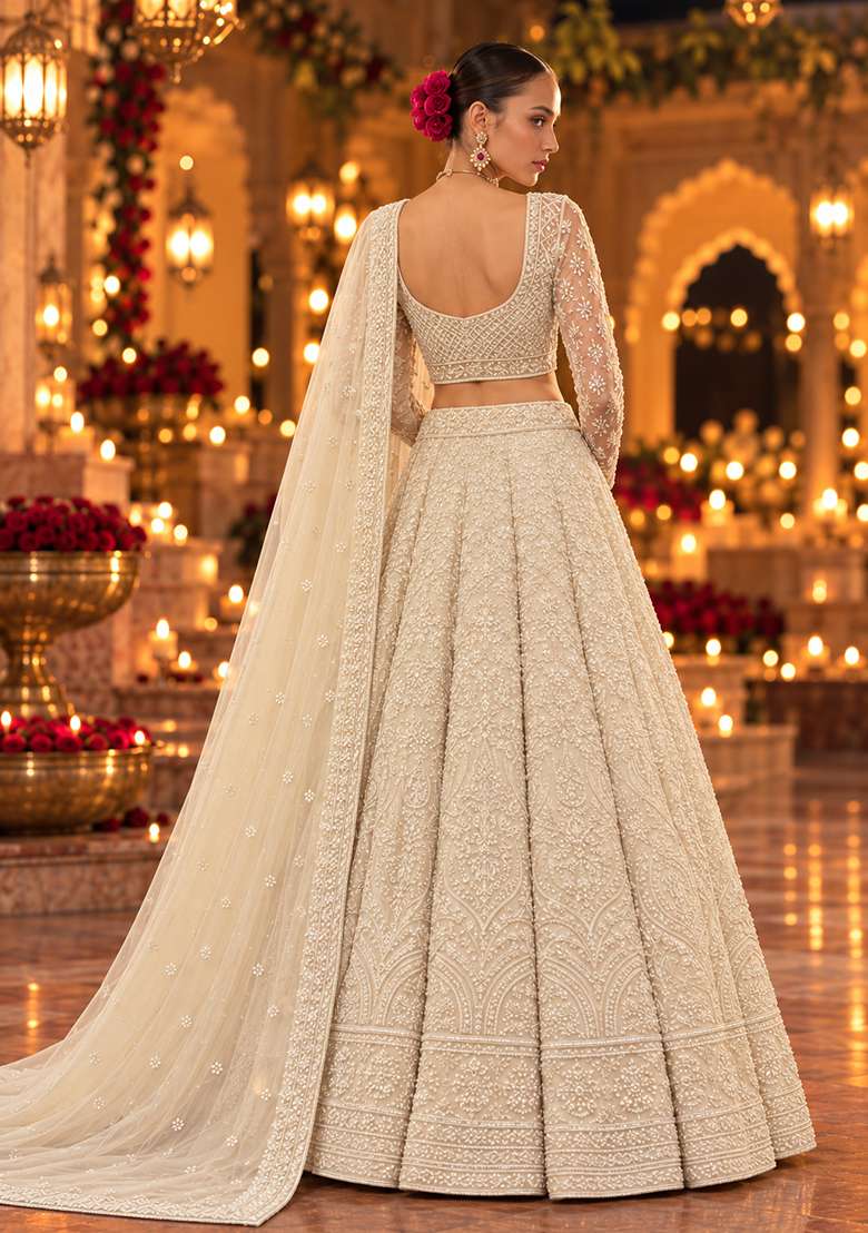 Off White Bead and Cutdana Embellished Georgette Lehenga Set with Organza Dupatta - Indya