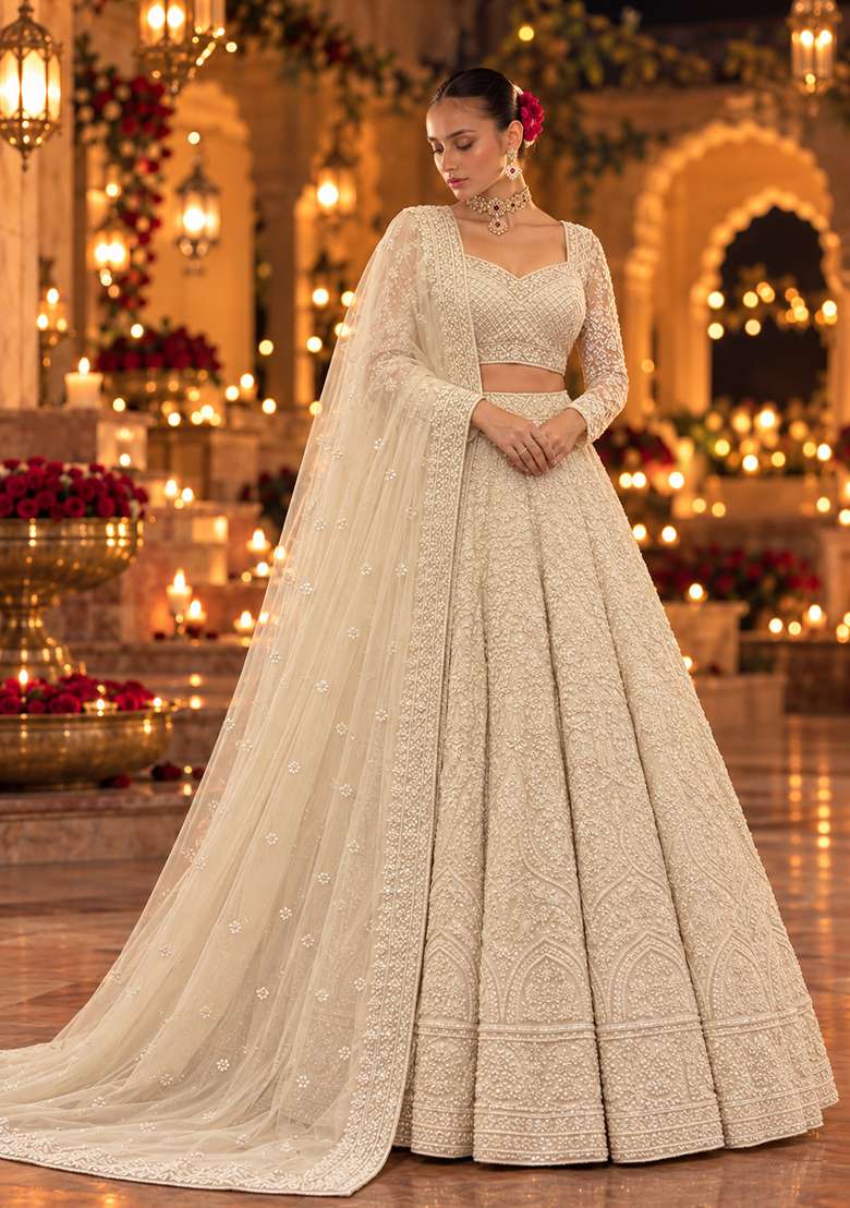 Off White Bead and Cutdana Embellished Georgette Lehenga Set with Organza Dupatta - Indya
