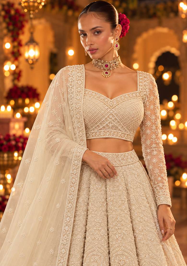 Off White Bead and Cutdana Embellished Georgette Lehenga Set with Organza Dupatta - Indya
