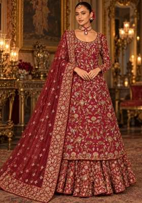 Maroon Zardozi Hand Embroidered Georgette Lehenga Set with Matching Dupatta