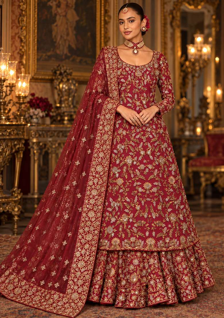 Maroon Zardozi Hand Embroidered Georgette Lehenga Set with Matching Dupatta - Indya