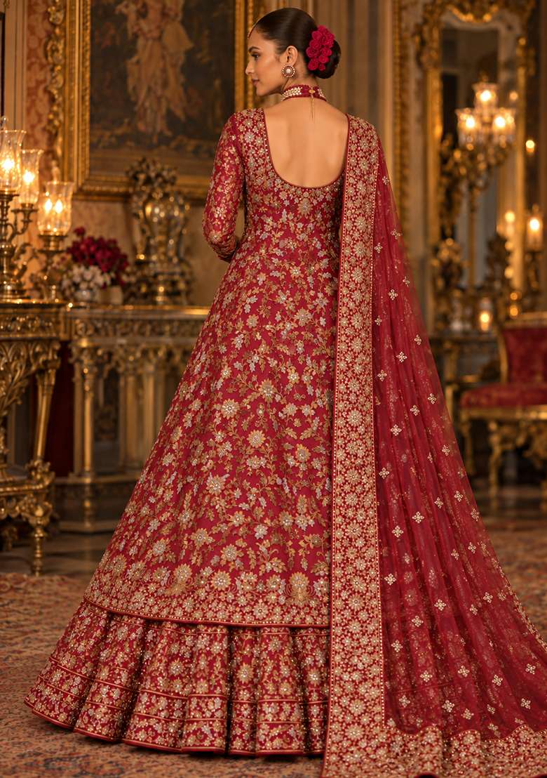 Maroon Zardozi Hand Embroidered Georgette Lehenga Set with Matching Dupatta - Indya