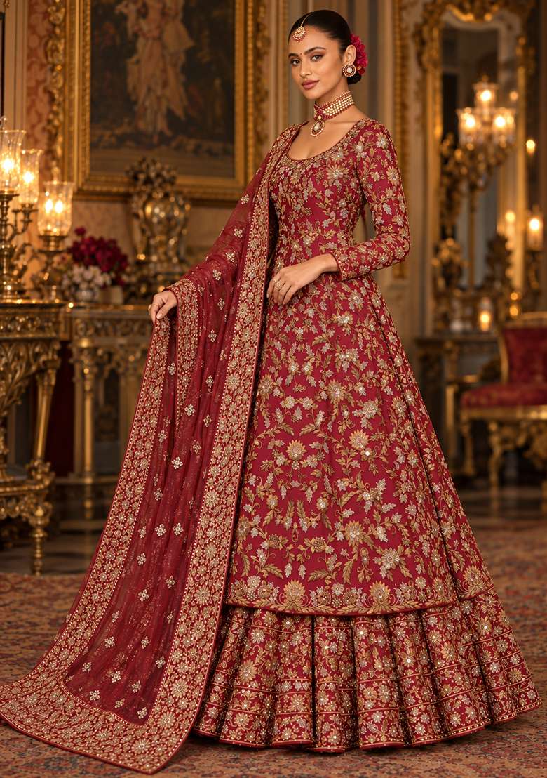 Maroon Zardozi Hand Embroidered Georgette Lehenga Set with Matching Dupatta - Indya