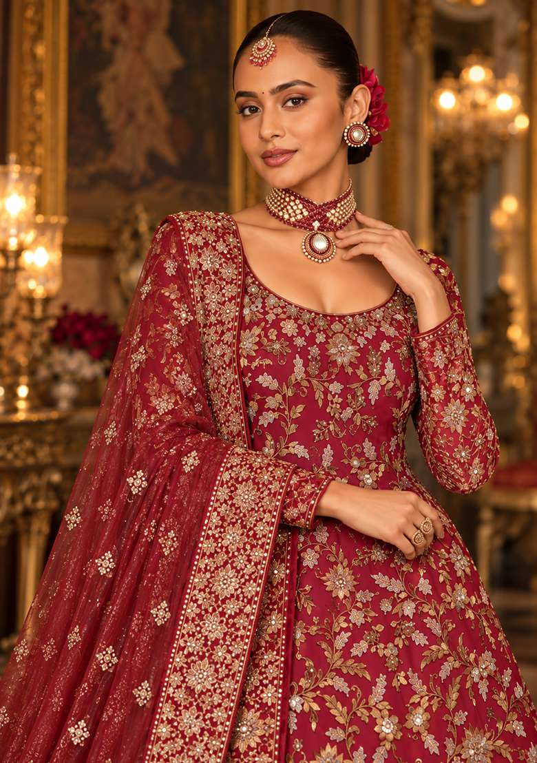 Maroon Zardozi Hand Embroidered Georgette Lehenga Set with Matching Dupatta - Indya