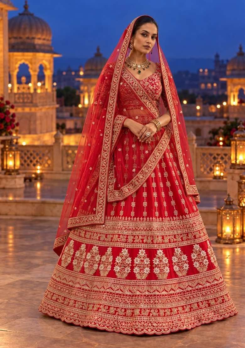 Red Embroidered Raw Silk Lehenga Set with Net Dupatta - Indya