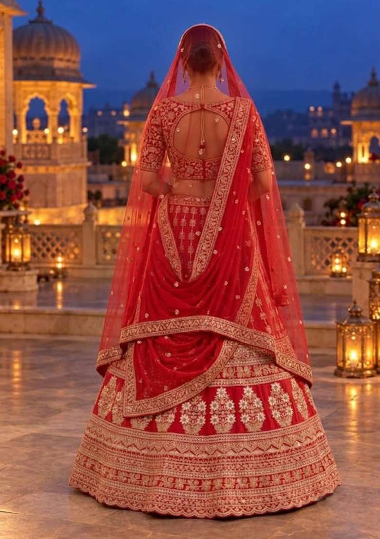 Red Embroidered Raw Silk Lehenga Set with Net Dupatta - Indya