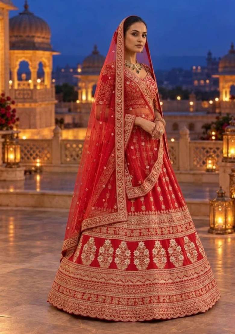 Red Embroidered Raw Silk Lehenga Set with Net Dupatta - Indya