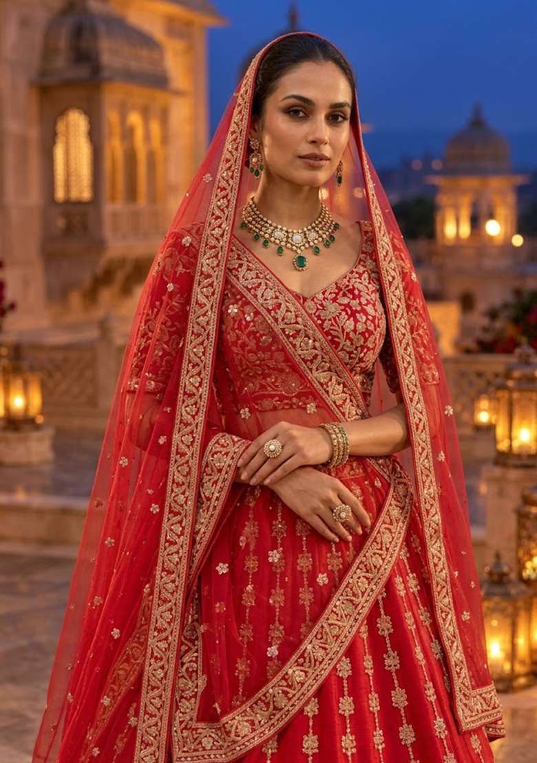 Red Embroidered Raw Silk Lehenga Set with Net Dupatta - Indya