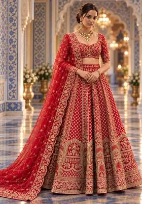 Red Embroidered Raw Silk Lehenga Set with Net Dupatta