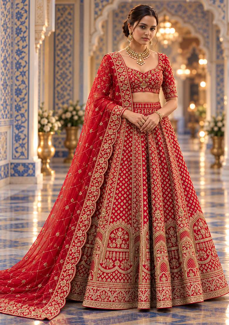 Red Embroidered Raw Silk Lehenga Set with Net Dupatta - Indya