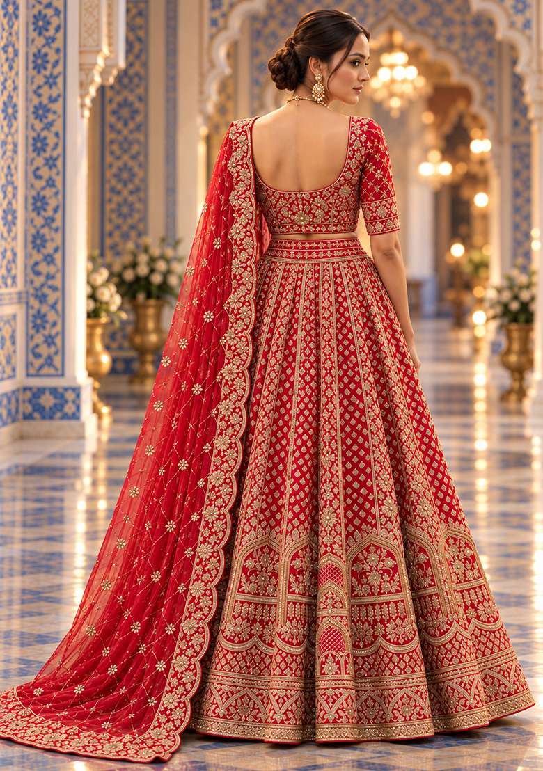Red Embroidered Raw Silk Lehenga Set with Net Dupatta - Indya