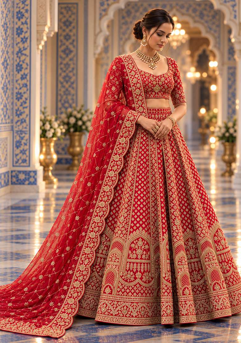 Red Embroidered Raw Silk Lehenga Set with Net Dupatta - Indya