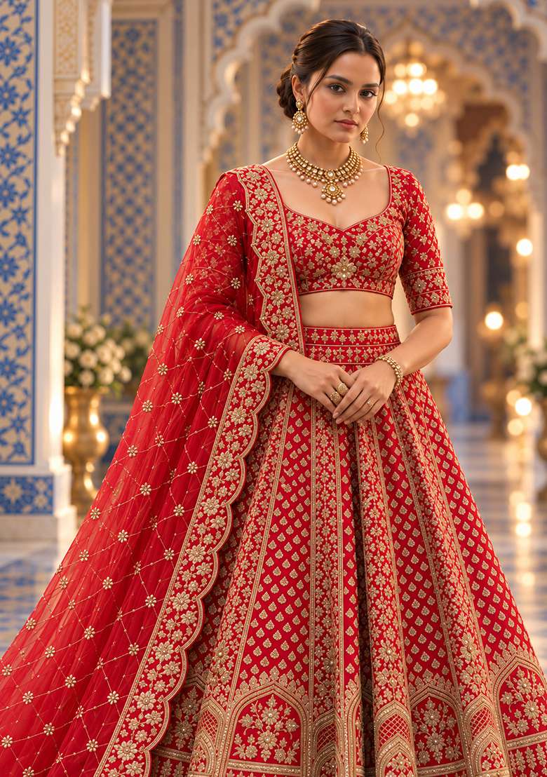Red Embroidered Raw Silk Lehenga Set with Net Dupatta - Indya