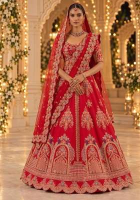 Red Embroidered Raw Silk Lehenga Set with Net Dupatta