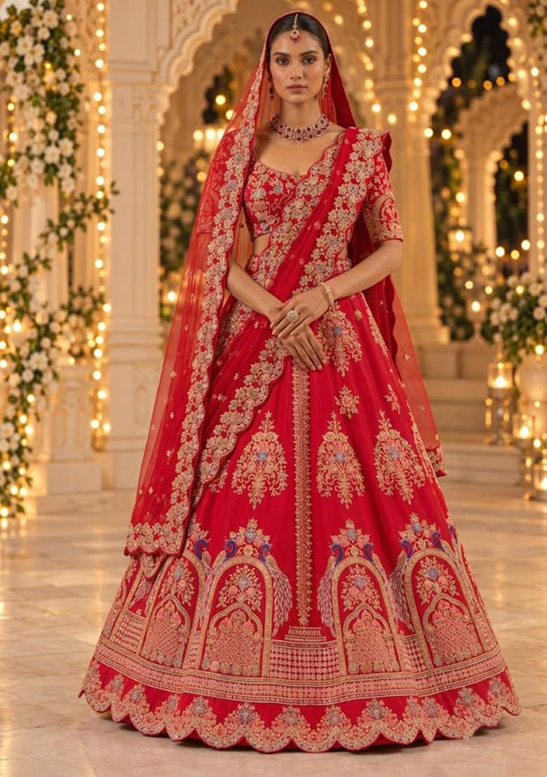 Red Embroidered Raw Silk Lehenga Set with Net Dupatta - Indya