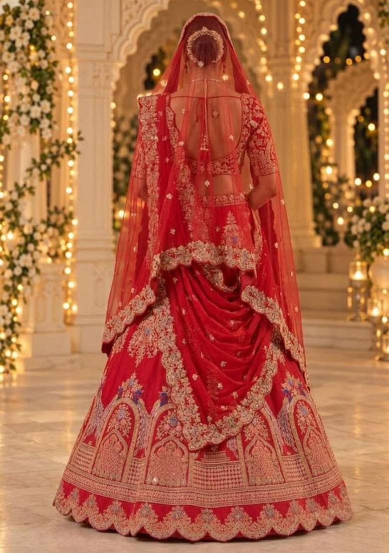 Red Embroidered Raw Silk Lehenga Set with Net Dupatta - Indya