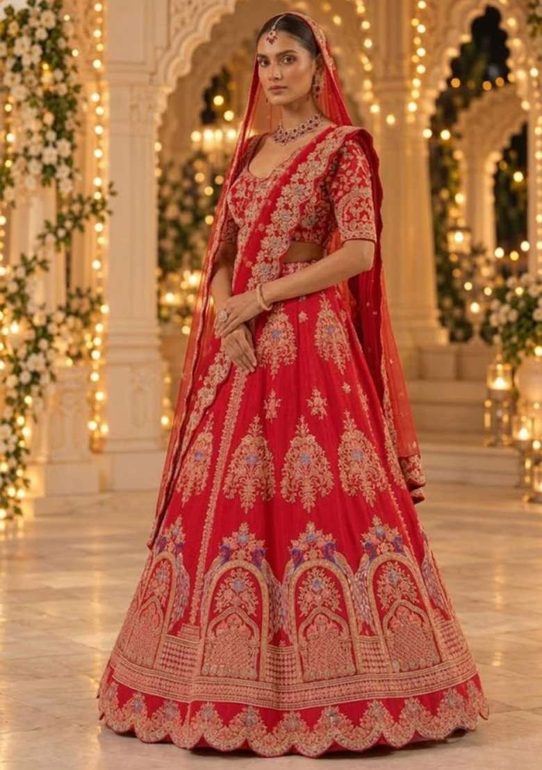 Red Embroidered Raw Silk Lehenga Set with Net Dupatta - Indya