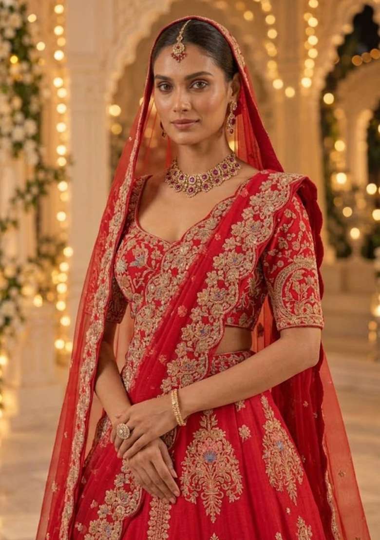 Red Embroidered Raw Silk Lehenga Set with Net Dupatta - Indya